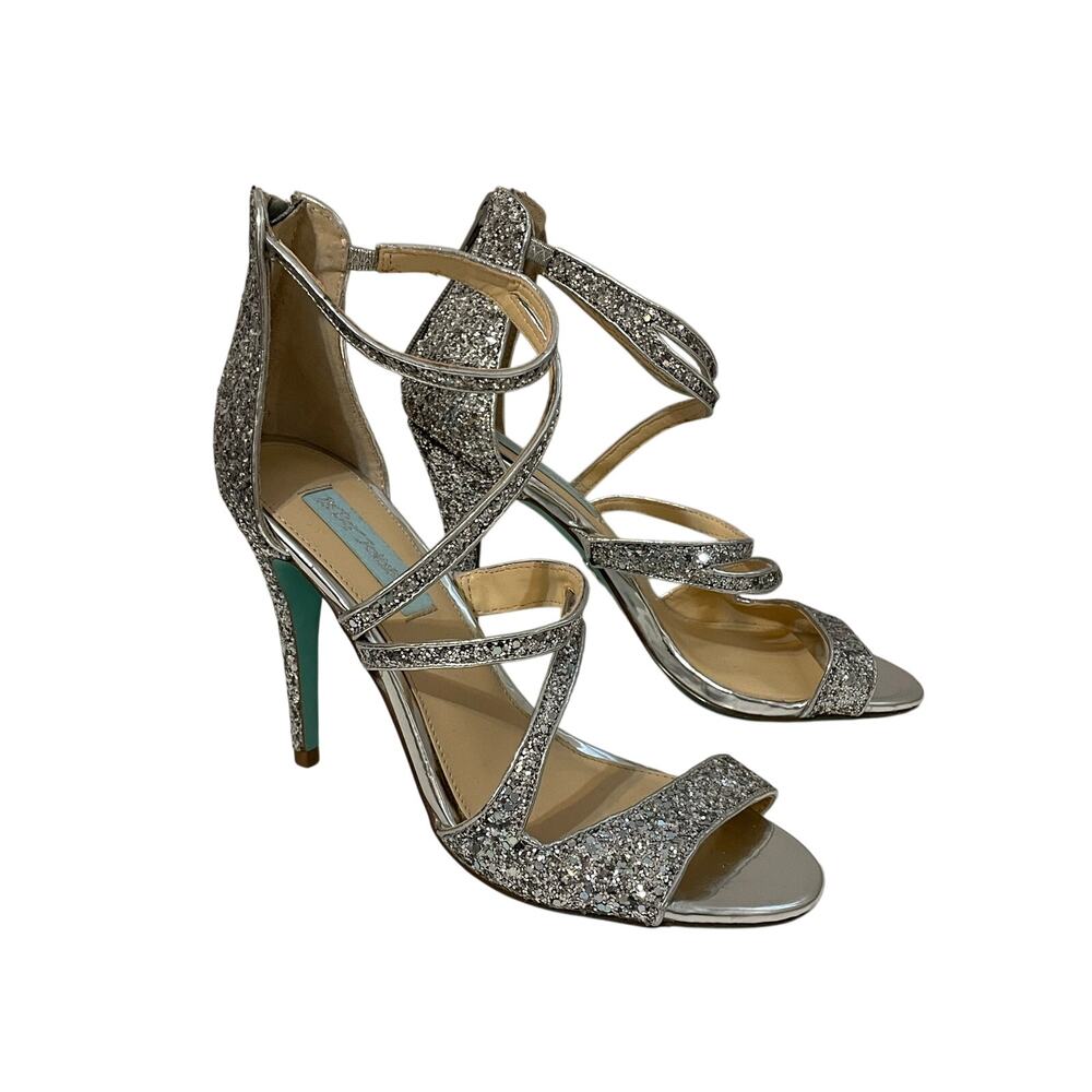 Blue by Betsey Johnson Izzy Women’s Silver Glitter Strappy Stiletto Sandals 8.5